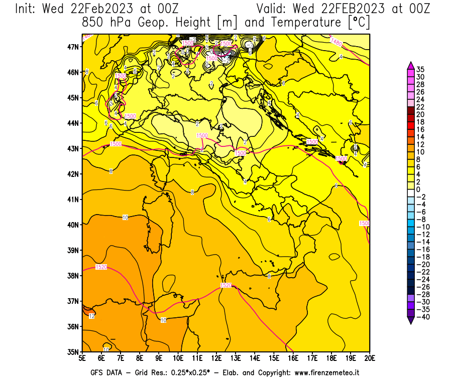 Mappa di analisi GFS - Geopotenziale [m] e Temperatura [°C] a 850 hPa in Italia
							del 22/02/2023 00 <!--googleoff: index-->UTC<!--googleon: index-->