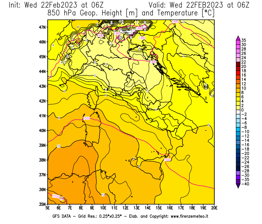Mappa di analisi GFS - Geopotenziale [m] e Temperatura [°C] a 850 hPa in Italia
							del 22/02/2023 06 <!--googleoff: index-->UTC<!--googleon: index-->