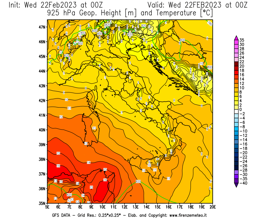 Mappa di analisi GFS - Geopotenziale [m] e Temperatura [°C] a 925 hPa in Italia
							del 22/02/2023 00 <!--googleoff: index-->UTC<!--googleon: index-->