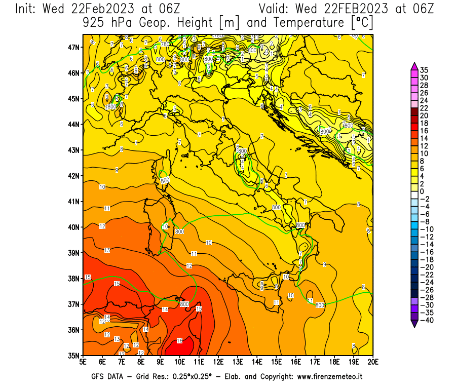 Mappa di analisi GFS - Geopotenziale [m] e Temperatura [°C] a 925 hPa in Italia
							del 22/02/2023 06 <!--googleoff: index-->UTC<!--googleon: index-->