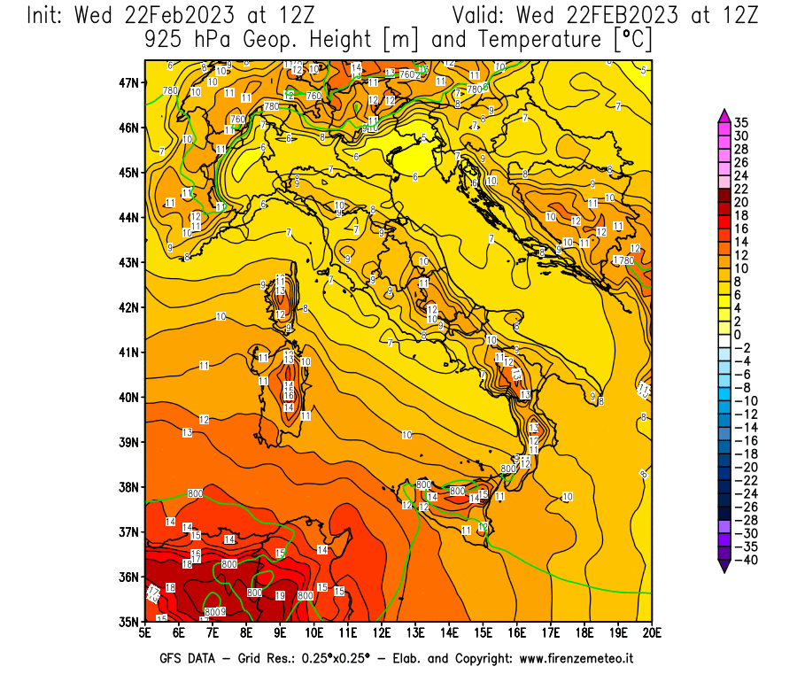 Mappa di analisi GFS - Geopotenziale [m] e Temperatura [°C] a 925 hPa in Italia
							del 22/02/2023 12 <!--googleoff: index-->UTC<!--googleon: index-->