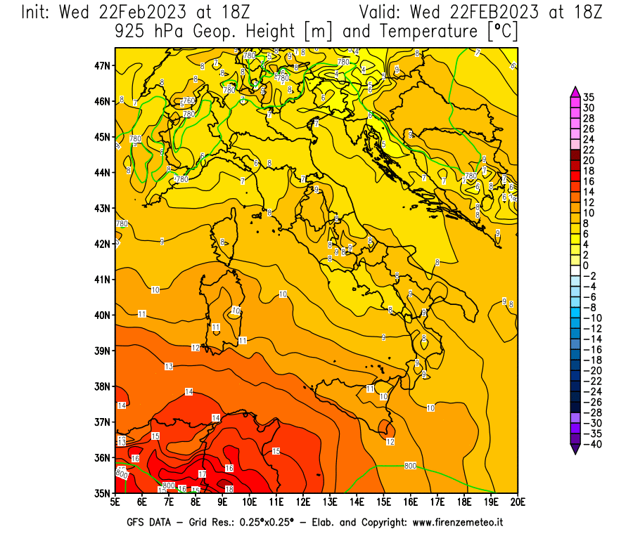 Mappa di analisi GFS - Geopotenziale [m] e Temperatura [°C] a 925 hPa in Italia
							del 22/02/2023 18 <!--googleoff: index-->UTC<!--googleon: index-->