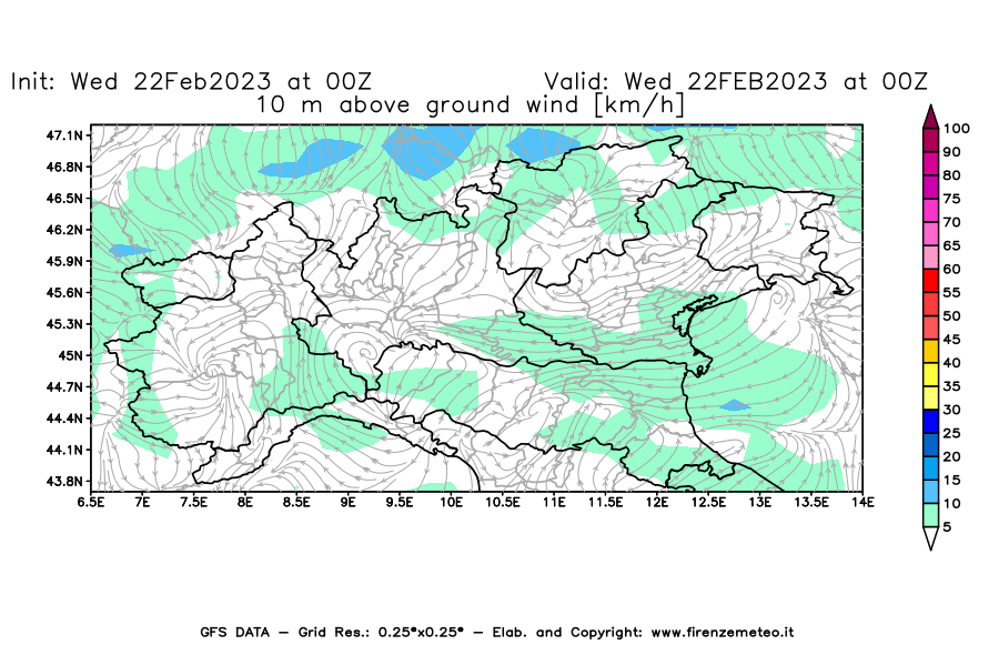 Mappa di analisi GFS - Velocità del vento a 10 metri dal suolo [km/h] in Nord-Italia
							del 22/02/2023 00 <!--googleoff: index-->UTC<!--googleon: index-->