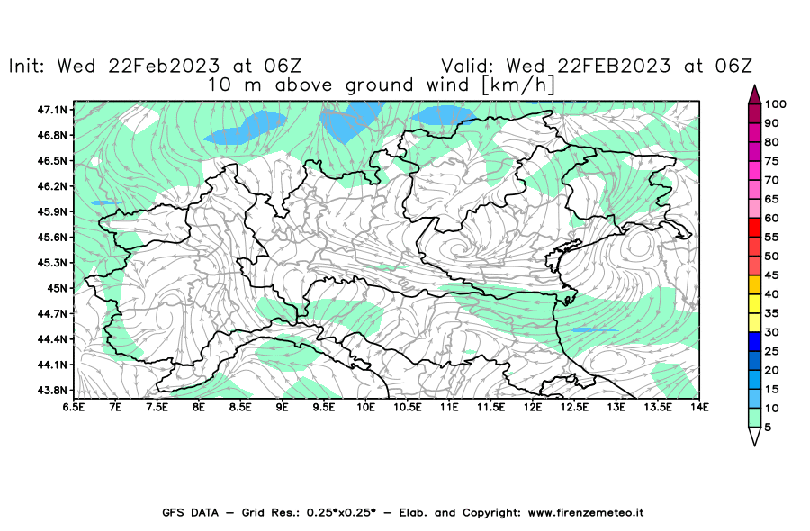 Mappa di analisi GFS - Velocità del vento a 10 metri dal suolo [km/h] in Nord-Italia
							del 22/02/2023 06 <!--googleoff: index-->UTC<!--googleon: index-->