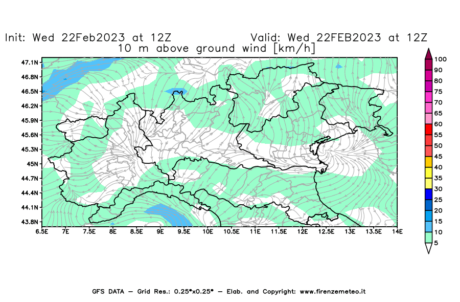 Mappa di analisi GFS - Velocità del vento a 10 metri dal suolo [km/h] in Nord-Italia
							del 22/02/2023 12 <!--googleoff: index-->UTC<!--googleon: index-->
