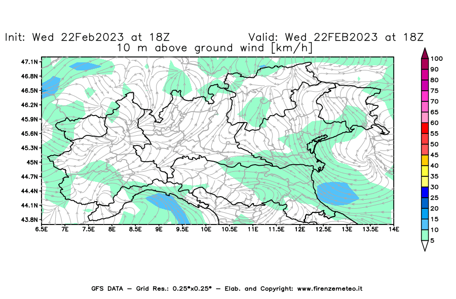 Mappa di analisi GFS - Velocità del vento a 10 metri dal suolo [km/h] in Nord-Italia
							del 22/02/2023 18 <!--googleoff: index-->UTC<!--googleon: index-->