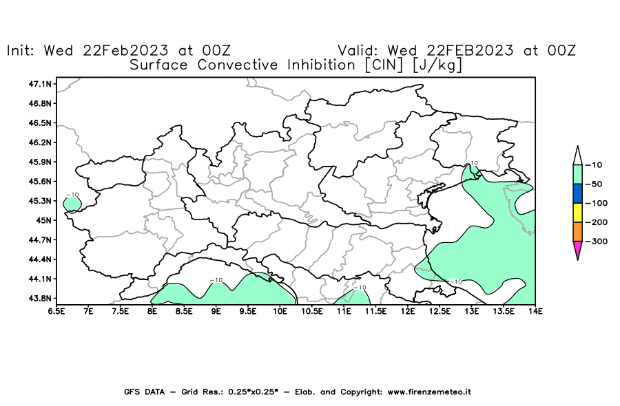 Mappa di analisi GFS - CIN [J/kg] in Nord-Italia
							del 22/02/2023 00 <!--googleoff: index-->UTC<!--googleon: index-->