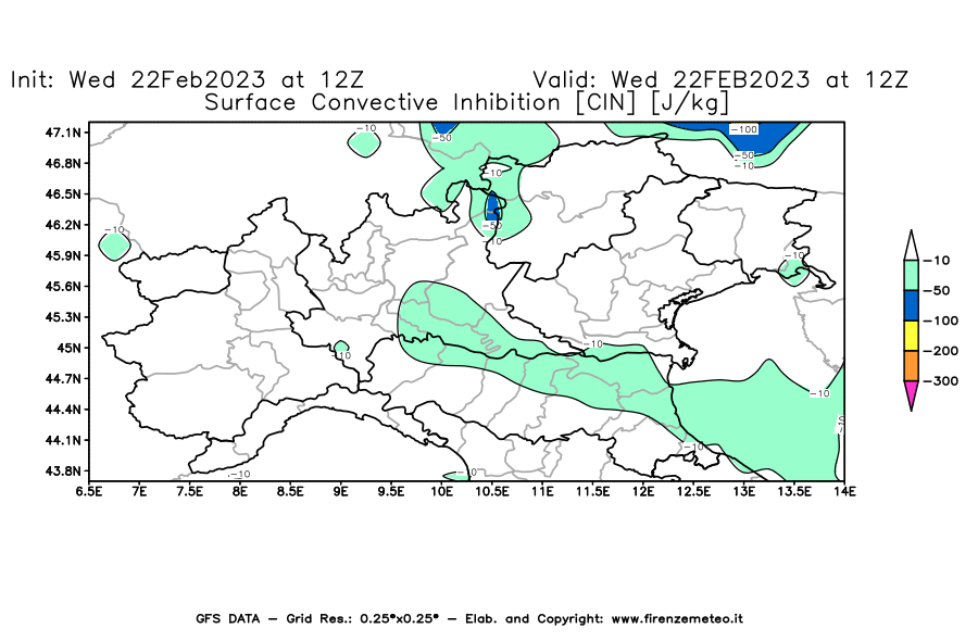 Mappa di analisi GFS - CIN [J/kg] in Nord-Italia
							del 22/02/2023 12 <!--googleoff: index-->UTC<!--googleon: index-->