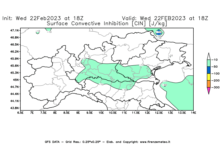Mappa di analisi GFS - CIN [J/kg] in Nord-Italia
							del 22/02/2023 18 <!--googleoff: index-->UTC<!--googleon: index-->