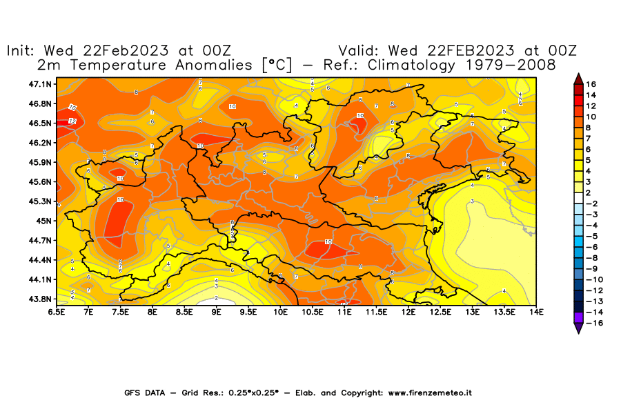 Mappa di analisi GFS - Anomalia Temperatura [°C] a 2 m in Nord-Italia
							del 22/02/2023 00 <!--googleoff: index-->UTC<!--googleon: index-->