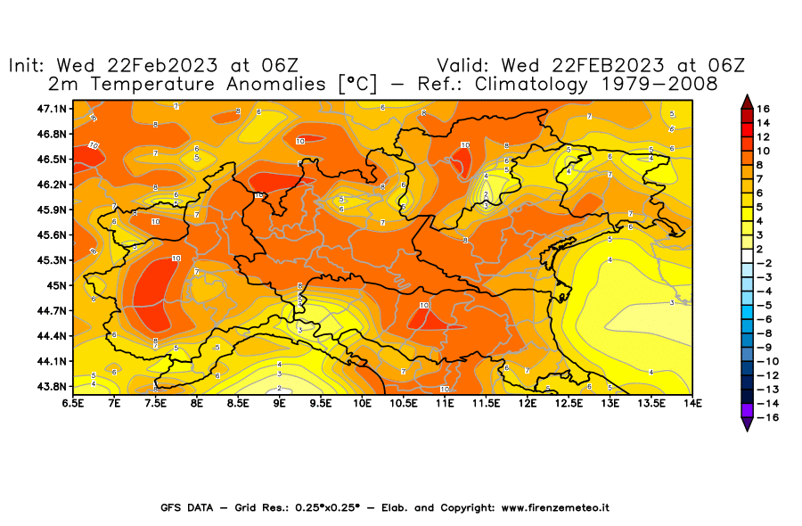 Mappa di analisi GFS - Anomalia Temperatura [°C] a 2 m in Nord-Italia
							del 22/02/2023 06 <!--googleoff: index-->UTC<!--googleon: index-->