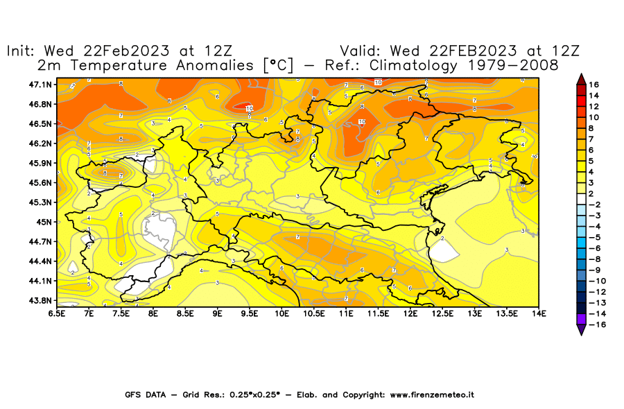 Mappa di analisi GFS - Anomalia Temperatura [°C] a 2 m in Nord-Italia
							del 22/02/2023 12 <!--googleoff: index-->UTC<!--googleon: index-->