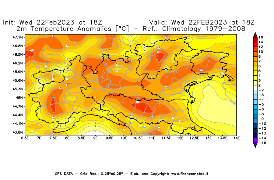 Mappa di analisi GFS - Anomalia Temperatura [°C] a 2 m in Nord-Italia
							del 22/02/2023 18 <!--googleoff: index-->UTC<!--googleon: index-->