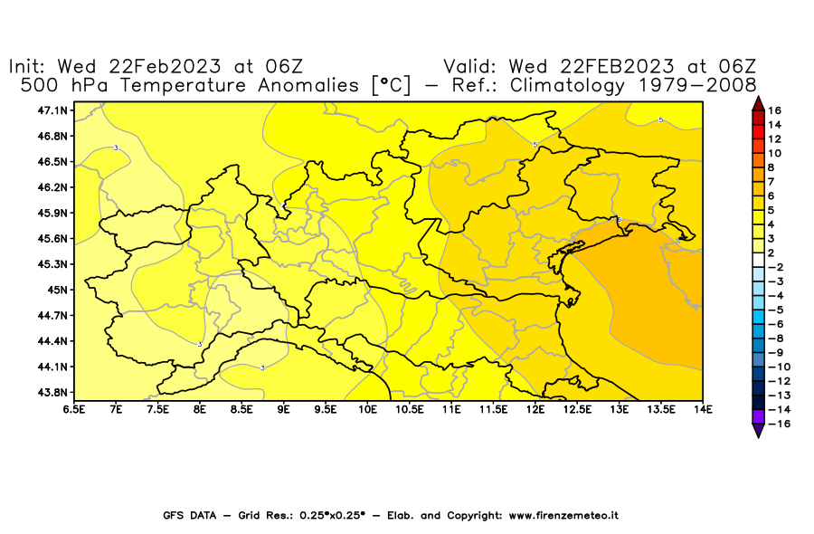 Mappa di analisi GFS - Anomalia Temperatura [°C] a 500 hPa in Nord-Italia
							del 22/02/2023 06 <!--googleoff: index-->UTC<!--googleon: index-->