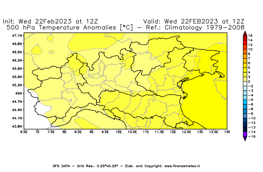 Mappa di analisi GFS - Anomalia Temperatura [°C] a 500 hPa in Nord-Italia
							del 22/02/2023 12 <!--googleoff: index-->UTC<!--googleon: index-->