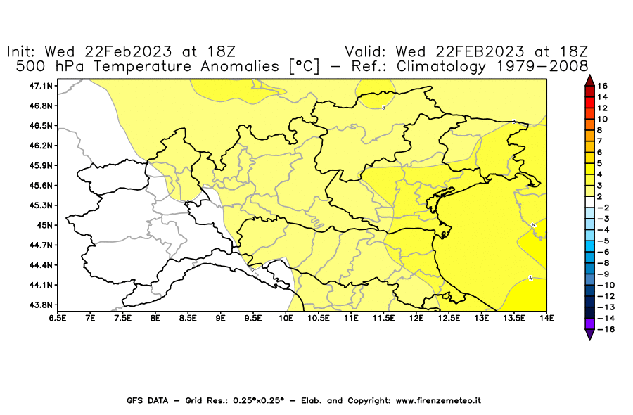 Mappa di analisi GFS - Anomalia Temperatura [°C] a 500 hPa in Nord-Italia
							del 22/02/2023 18 <!--googleoff: index-->UTC<!--googleon: index-->