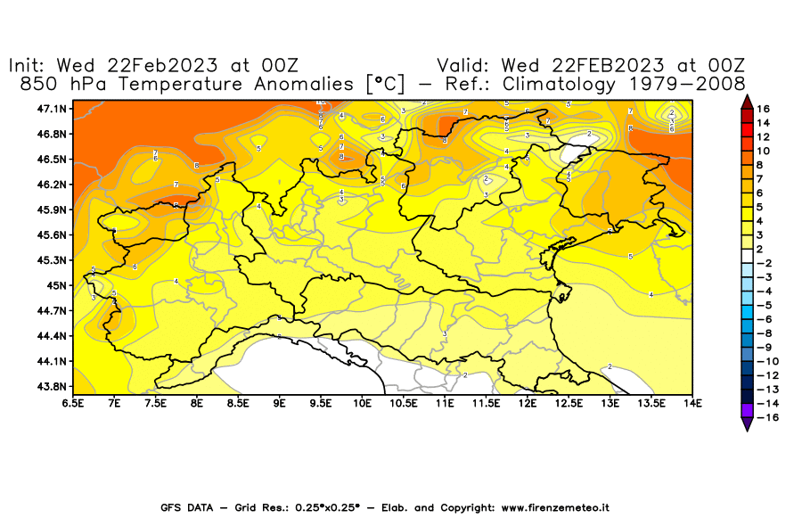 Mappa di analisi GFS - Anomalia Temperatura [°C] a 850 hPa in Nord-Italia
							del 22/02/2023 00 <!--googleoff: index-->UTC<!--googleon: index-->