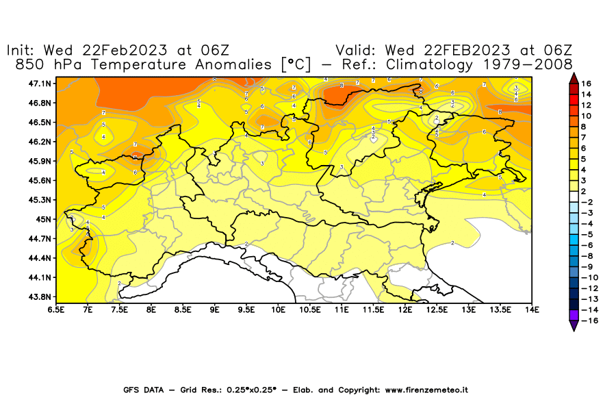 Mappa di analisi GFS - Anomalia Temperatura [°C] a 850 hPa in Nord-Italia
							del 22/02/2023 06 <!--googleoff: index-->UTC<!--googleon: index-->