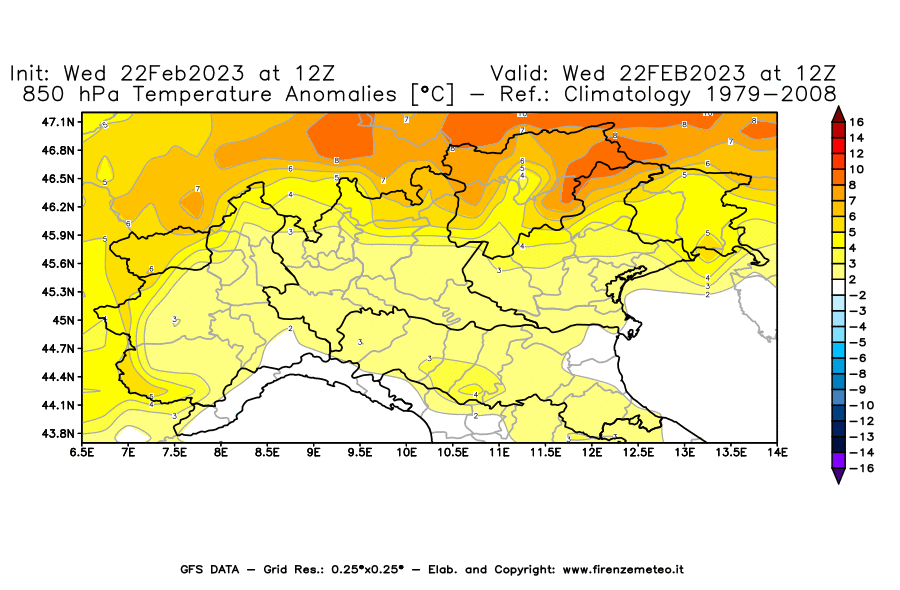 Mappa di analisi GFS - Anomalia Temperatura [°C] a 850 hPa in Nord-Italia
							del 22/02/2023 12 <!--googleoff: index-->UTC<!--googleon: index-->