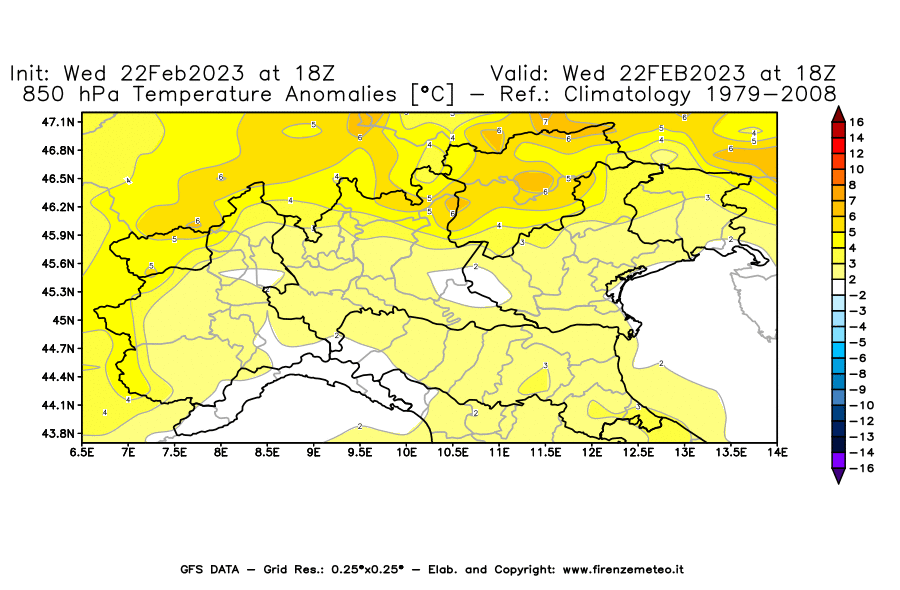 Mappa di analisi GFS - Anomalia Temperatura [°C] a 850 hPa in Nord-Italia
							del 22/02/2023 18 <!--googleoff: index-->UTC<!--googleon: index-->