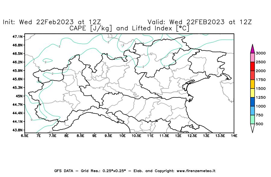 Mappa di analisi GFS - CAPE [J/kg] e Lifted Index [°C] in Nord-Italia
							del 22/02/2023 12 <!--googleoff: index-->UTC<!--googleon: index-->