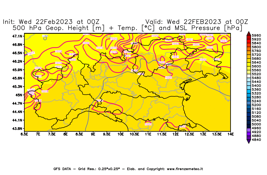 Mappa di analisi GFS - Geopotenziale [m] + Temp. [°C] a 500 hPa + Press. a livello del mare [hPa] in Nord-Italia
							del 22/02/2023 00 <!--googleoff: index-->UTC<!--googleon: index-->