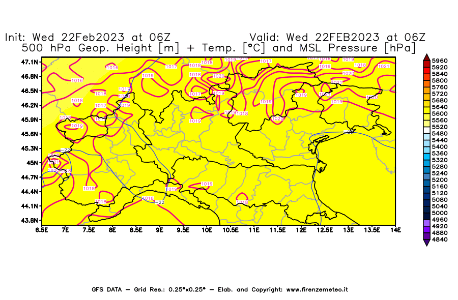 Mappa di analisi GFS - Geopotenziale [m] + Temp. [°C] a 500 hPa + Press. a livello del mare [hPa] in Nord-Italia
							del 22/02/2023 06 <!--googleoff: index-->UTC<!--googleon: index-->