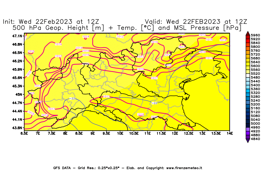 Mappa di analisi GFS - Geopotenziale [m] + Temp. [°C] a 500 hPa + Press. a livello del mare [hPa] in Nord-Italia
							del 22/02/2023 12 <!--googleoff: index-->UTC<!--googleon: index-->
