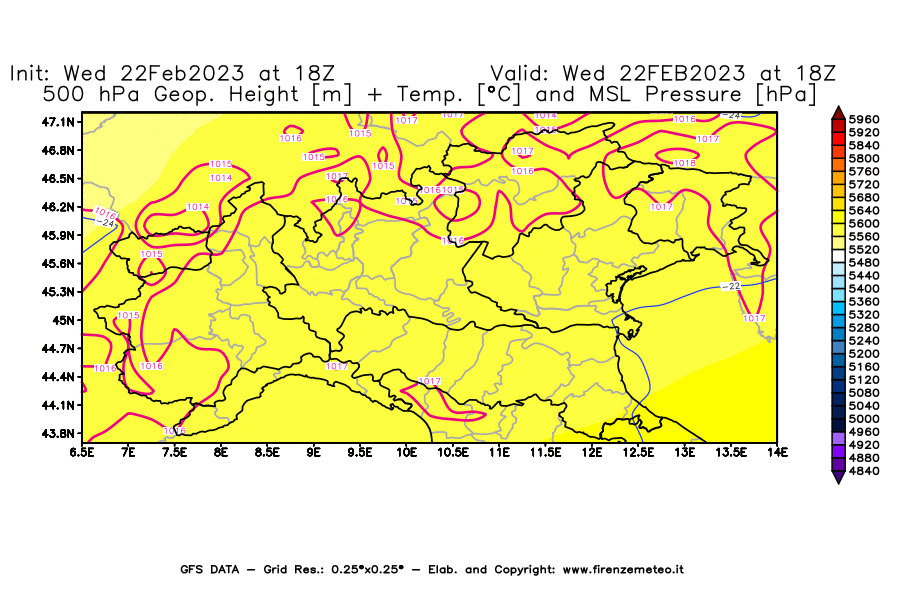 Mappa di analisi GFS - Geopotenziale [m] + Temp. [°C] a 500 hPa + Press. a livello del mare [hPa] in Nord-Italia
							del 22/02/2023 18 <!--googleoff: index-->UTC<!--googleon: index-->