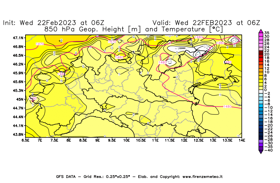 Mappa di analisi GFS - Geopotenziale [m] e Temperatura [°C] a 850 hPa in Nord-Italia
							del 22/02/2023 06 <!--googleoff: index-->UTC<!--googleon: index-->
