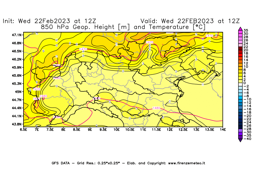 Mappa di analisi GFS - Geopotenziale [m] e Temperatura [°C] a 850 hPa in Nord-Italia
							del 22/02/2023 12 <!--googleoff: index-->UTC<!--googleon: index-->