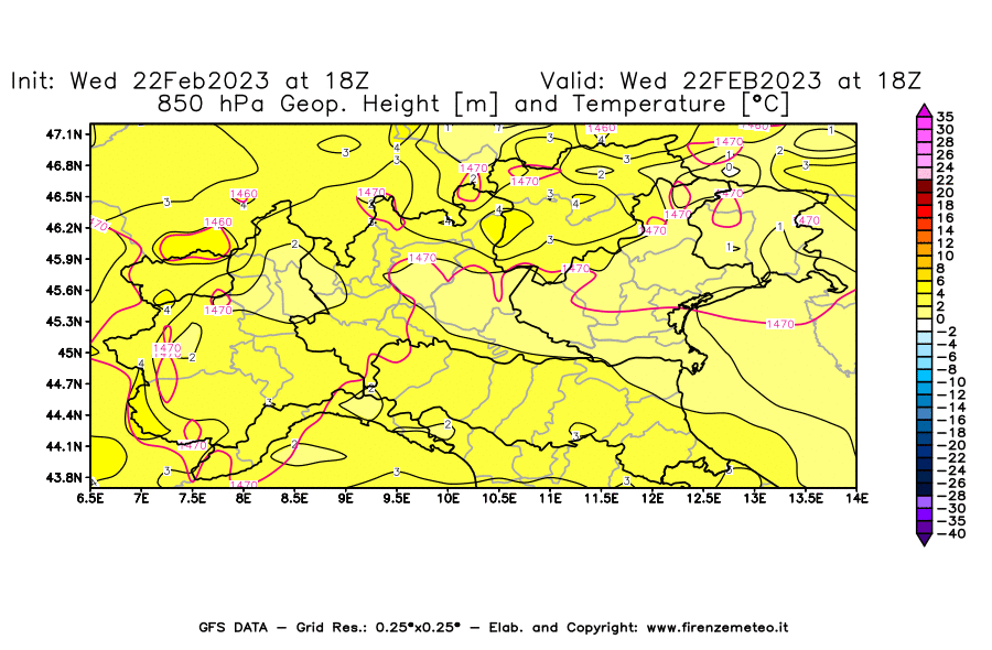 Mappa di analisi GFS - Geopotenziale [m] e Temperatura [°C] a 850 hPa in Nord-Italia
							del 22/02/2023 18 <!--googleoff: index-->UTC<!--googleon: index-->