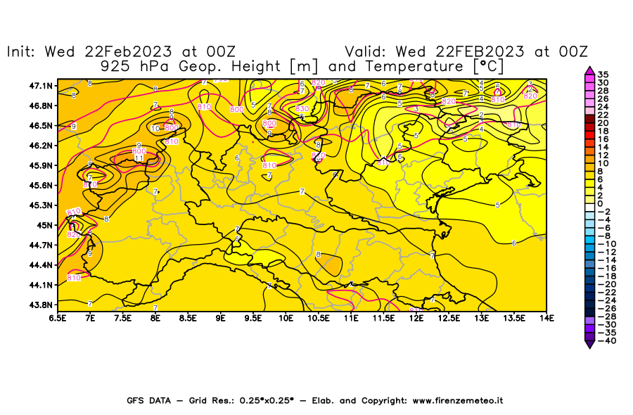 Mappa di analisi GFS - Geopotenziale [m] e Temperatura [°C] a 925 hPa in Nord-Italia
							del 22/02/2023 00 <!--googleoff: index-->UTC<!--googleon: index-->