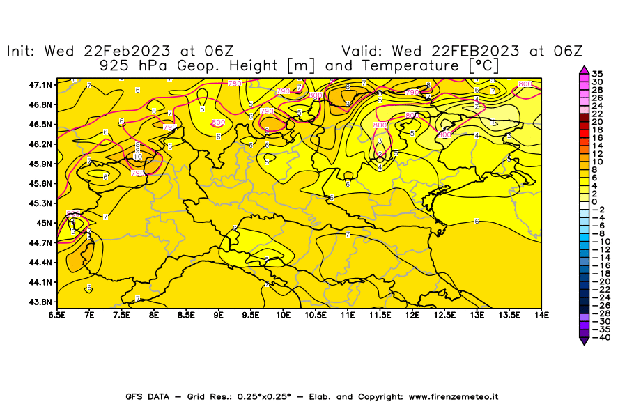 Mappa di analisi GFS - Geopotenziale [m] e Temperatura [°C] a 925 hPa in Nord-Italia
							del 22/02/2023 06 <!--googleoff: index-->UTC<!--googleon: index-->