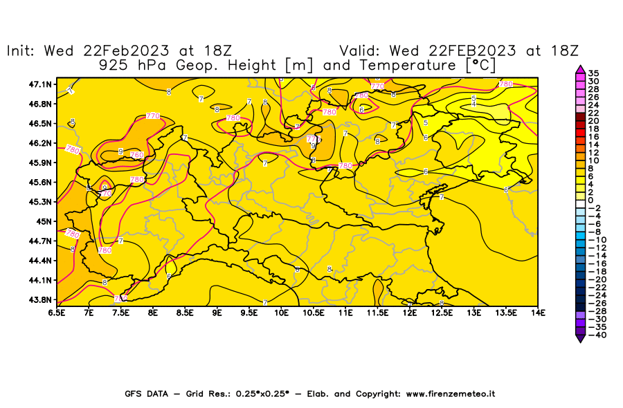 Mappa di analisi GFS - Geopotenziale [m] e Temperatura [°C] a 925 hPa in Nord-Italia
							del 22/02/2023 18 <!--googleoff: index-->UTC<!--googleon: index-->
