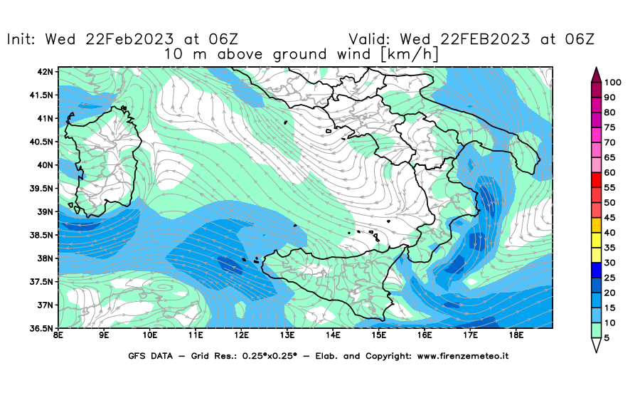 Mappa di analisi GFS - Velocità del vento a 10 metri dal suolo [km/h] in Sud-Italia
							del 22/02/2023 06 <!--googleoff: index-->UTC<!--googleon: index-->
