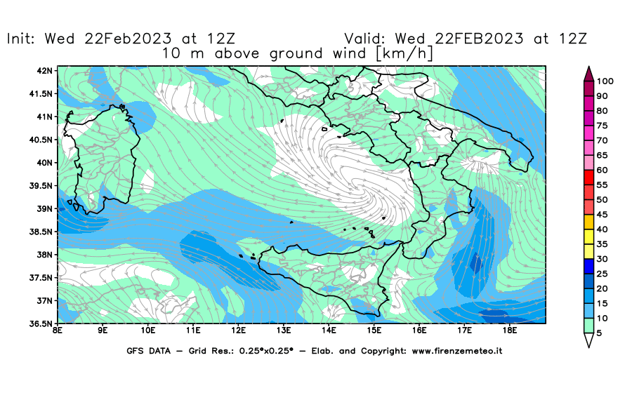 Mappa di analisi GFS - Velocità del vento a 10 metri dal suolo [km/h] in Sud-Italia
							del 22/02/2023 12 <!--googleoff: index-->UTC<!--googleon: index-->