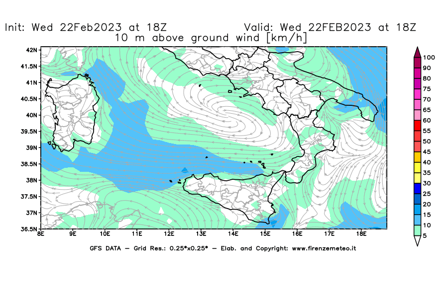 Mappa di analisi GFS - Velocità del vento a 10 metri dal suolo [km/h] in Sud-Italia
							del 22/02/2023 18 <!--googleoff: index-->UTC<!--googleon: index-->