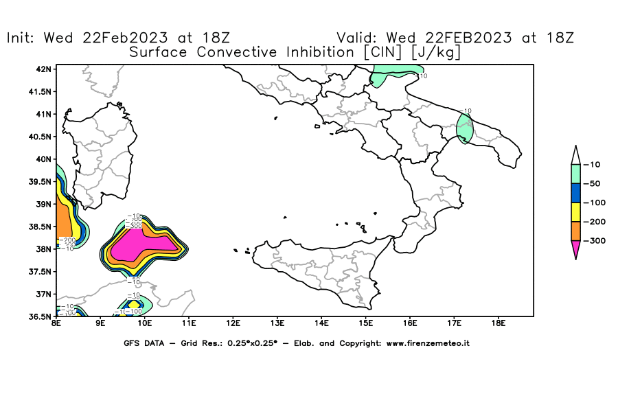 Mappa di analisi GFS - CIN [J/kg] in Sud-Italia
							del 22/02/2023 18 <!--googleoff: index-->UTC<!--googleon: index-->