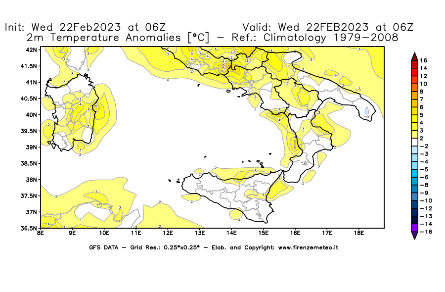 Mappa di analisi GFS - Anomalia Temperatura [°C] a 2 m in Sud-Italia
							del 22/02/2023 06 <!--googleoff: index-->UTC<!--googleon: index-->