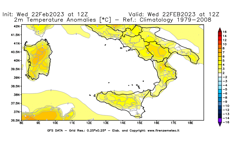 Mappa di analisi GFS - Anomalia Temperatura [°C] a 2 m in Sud-Italia
							del 22/02/2023 12 <!--googleoff: index-->UTC<!--googleon: index-->