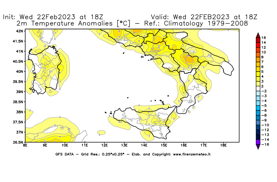 Mappa di analisi GFS - Anomalia Temperatura [°C] a 2 m in Sud-Italia
							del 22/02/2023 18 <!--googleoff: index-->UTC<!--googleon: index-->