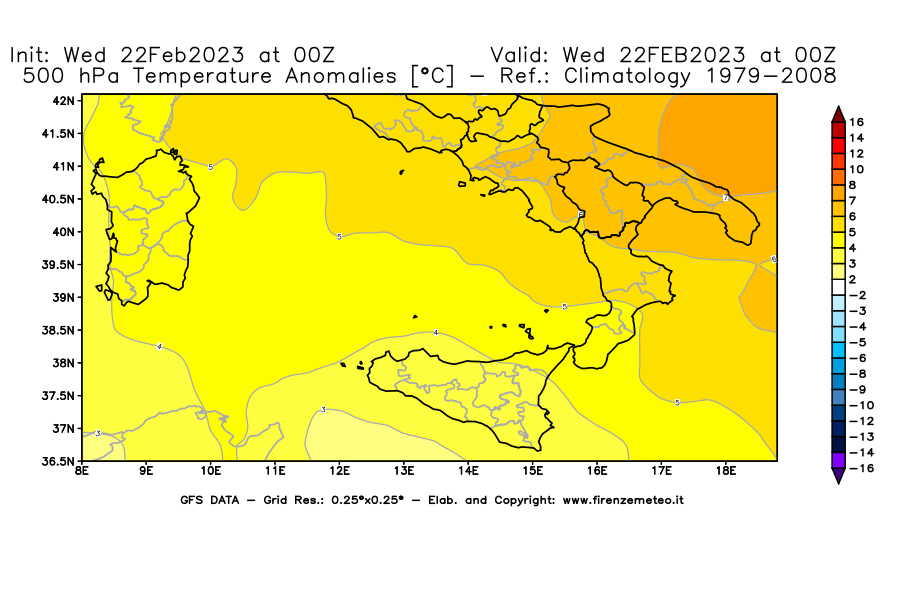 Mappa di analisi GFS - Anomalia Temperatura [°C] a 500 hPa in Sud-Italia
							del 22/02/2023 00 <!--googleoff: index-->UTC<!--googleon: index-->