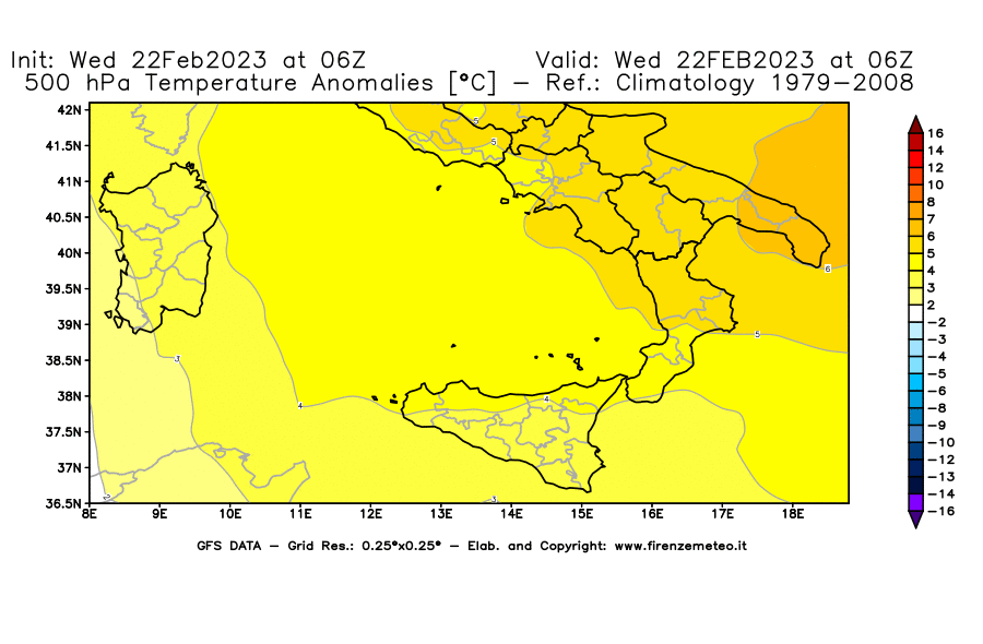 Mappa di analisi GFS - Anomalia Temperatura [°C] a 500 hPa in Sud-Italia
							del 22/02/2023 06 <!--googleoff: index-->UTC<!--googleon: index-->