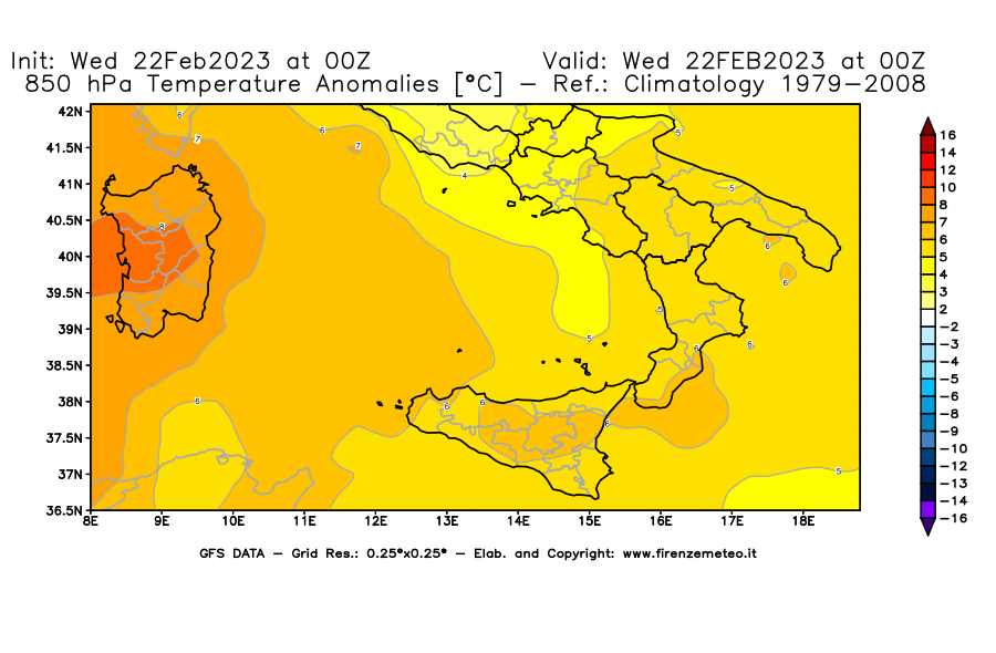 Mappa di analisi GFS - Anomalia Temperatura [°C] a 850 hPa in Sud-Italia
							del 22/02/2023 00 <!--googleoff: index-->UTC<!--googleon: index-->