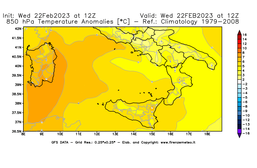 Mappa di analisi GFS - Anomalia Temperatura [°C] a 850 hPa in Sud-Italia
							del 22/02/2023 12 <!--googleoff: index-->UTC<!--googleon: index-->