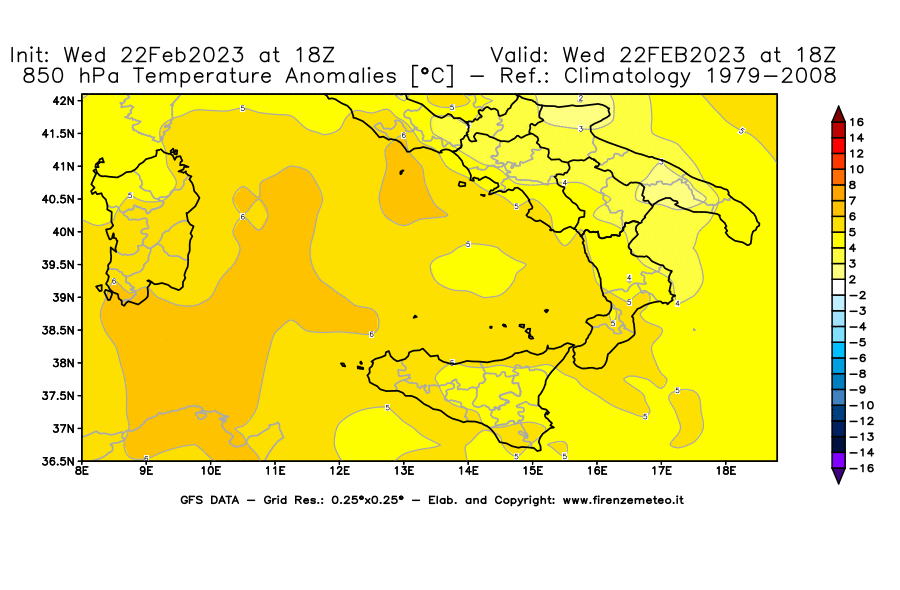 Mappa di analisi GFS - Anomalia Temperatura [°C] a 850 hPa in Sud-Italia
							del 22/02/2023 18 <!--googleoff: index-->UTC<!--googleon: index-->