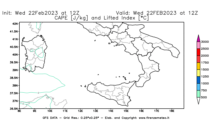 Mappa di analisi GFS - CAPE [J/kg] e Lifted Index [°C] in Sud-Italia
							del 22/02/2023 12 <!--googleoff: index-->UTC<!--googleon: index-->