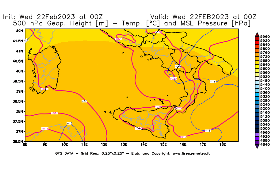 Mappa di analisi GFS - Geopotenziale [m] + Temp. [°C] a 500 hPa + Press. a livello del mare [hPa] in Sud-Italia
							del 22/02/2023 00 <!--googleoff: index-->UTC<!--googleon: index-->