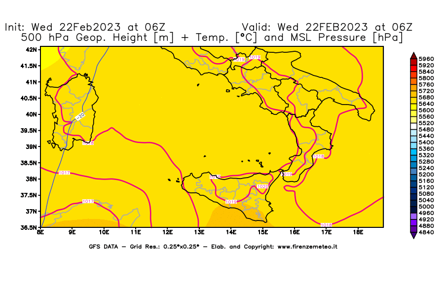 Mappa di analisi GFS - Geopotenziale [m] + Temp. [°C] a 500 hPa + Press. a livello del mare [hPa] in Sud-Italia
							del 22/02/2023 06 <!--googleoff: index-->UTC<!--googleon: index-->